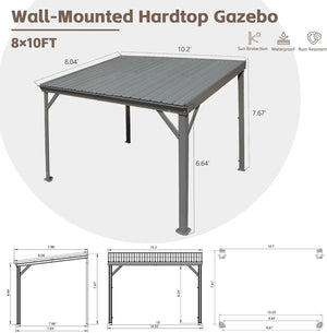 English Elm 8' Lean to Gazebo 8'x10' Gray with Hidden Gutter, Galvanized Steel Roof, Wind Resistant Patio Shelter W1859S00122