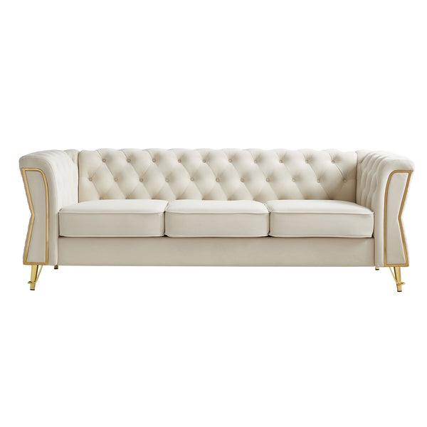 English Elm Modern Tufted Velvet Sofa with Gold Accent Frame and Flared Arms, High-Density Comfort Seating Beige W579P329996