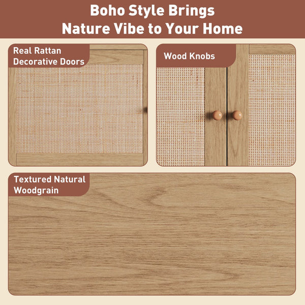 English Elm Boho Natural Rattan TV Stand for Up to 85" TVs, 3 Drawers + Cabinets & Open Shelves, Modern Wood console with organic texture and sturdy 110 lb capacity N710P339452P