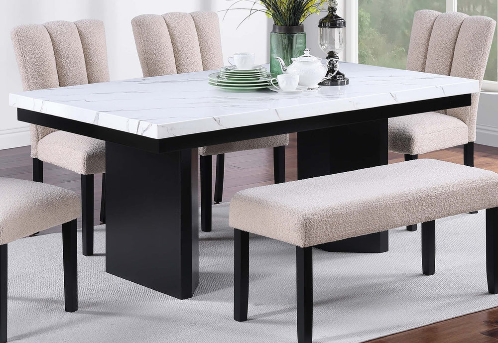 English Elm Classic White Faux Marble Dining Table 68" Rectangular Top for Six with Black Wooden Legs, Two-Tone Modern Elegance B011S01880