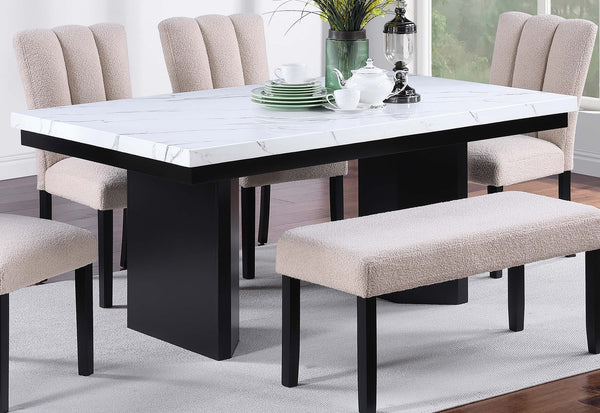 English Elm Classic 6-Piece Dining Set With White Faux Marble Table, Upholstered Chairs & Stylish Bench For Elegance B011S01882