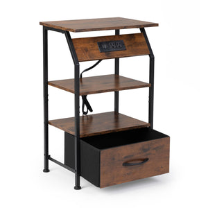 English Elm Set of 2 Nightstands with Built-In USB & Outlet Charging Station, Fabric Drawers, Open Shelves for Bedroom Rustic Brown W2181P191358
