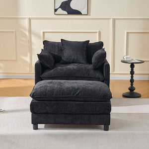 English Elm 39.4" Chenille Club Chair with Ottoman Solid Wood Frame for Living Room or Bedroom Black W3244P392667