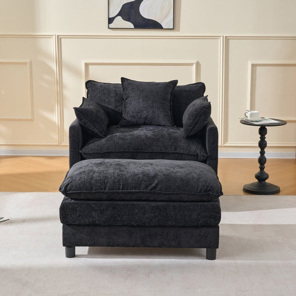 English Elm 39.4" Chenille Club Chair with Ottoman Solid Wood Frame for Living Room or Bedroom Black W3244P392667