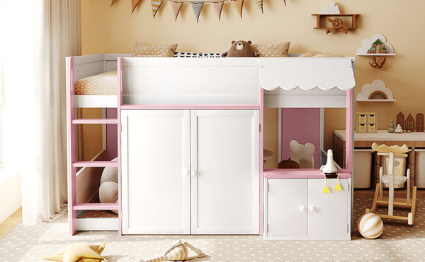 English Elm Twin House Loft Bed with Pull Out Rolling Desk Stair Drawers and Cabinet Storage N820S00074H