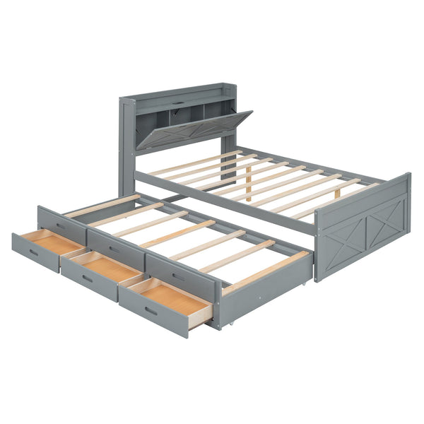 English Elm Full Full Size Wooden Bed with Storage Headboard, Built-In Outlets, Trundle & 3 Drawers for Space-Saving Bedrooms Gray 80.51 L x 17.12 W x 4.57 H N733S172712E