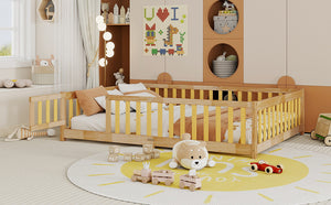 English Elm Full Size Floor Bed With Safety Guardrails, Eco-Friendly Rubber Wood, Minimalist Design & Easy Access W504P286380