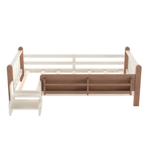 English Elm Twin Pine Floor Bed for Kids with Side Bookcases Built-in Stairs and Safety Guardrails Beige W1580P390214