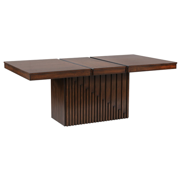 English Elm Baywind Mango Oak Dining Table with Rectangular Pedestal, Extension Leaf, Ribbed Detail Centerpiece B062S01267