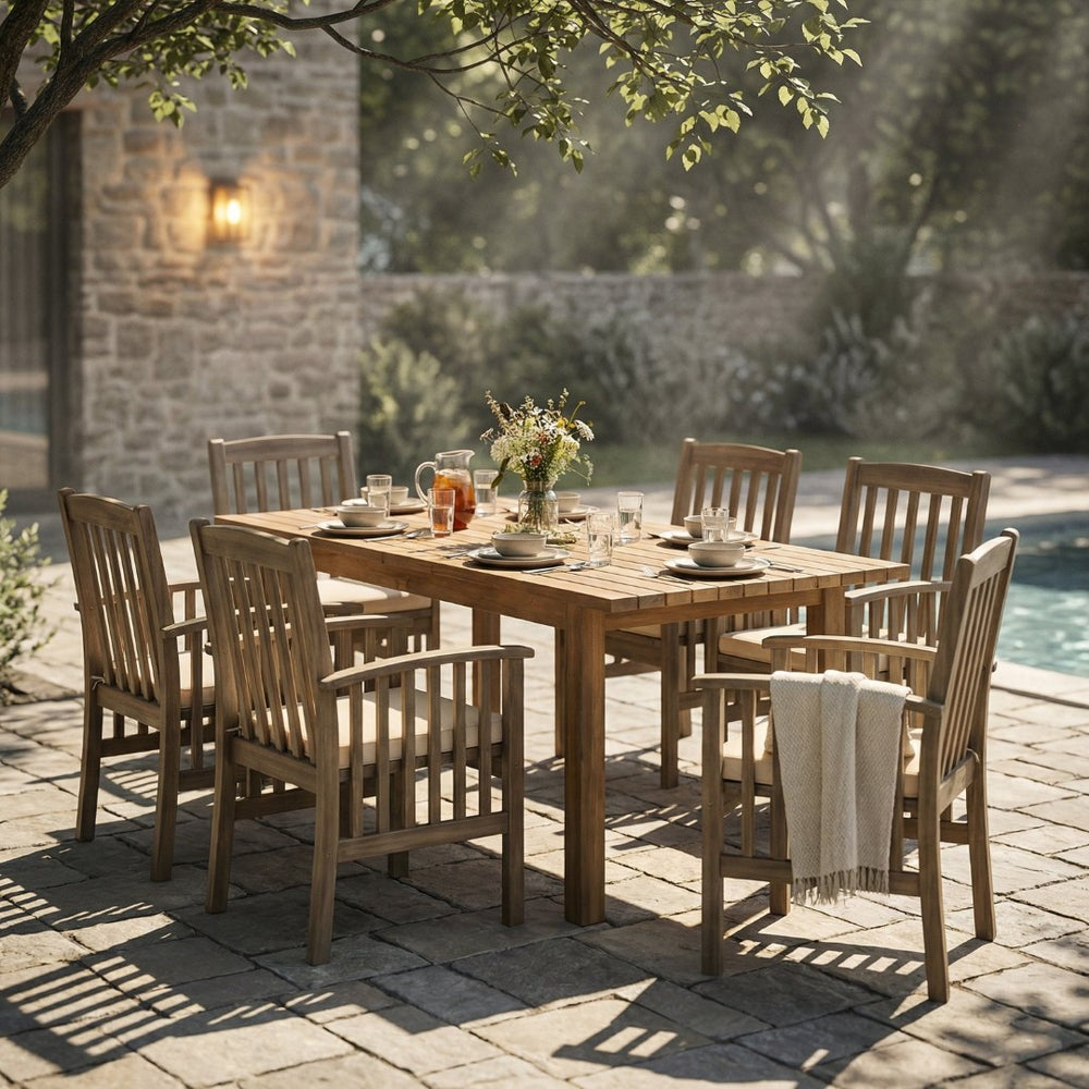 English Elm 7 Piece Solid Acacia Wood Outdoor Dining Set Extendable Table and 6 Slat Chairs N762S000036AAK