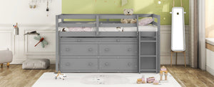 English Elm Twin Loft Bed Pinewood Frame Four Drawers Retractable Study Desk Kids Bedroom Gray LT000368AAE