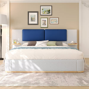 English Elm Christopher Knight Home® - King PU Leather Bed Frame with Wingback Headboard & Footboard, Gold Accents, Platform Slat Support, Elegant Design Blue+Grey 76.4 L x 12.75 W x 8.75 H N761S0000024E