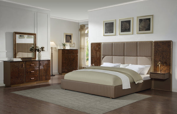 English Elm Marcelino Low Profile Eastern King Bed Upholstered Microfiber Leather Glossy Wood Panel B2756S00036