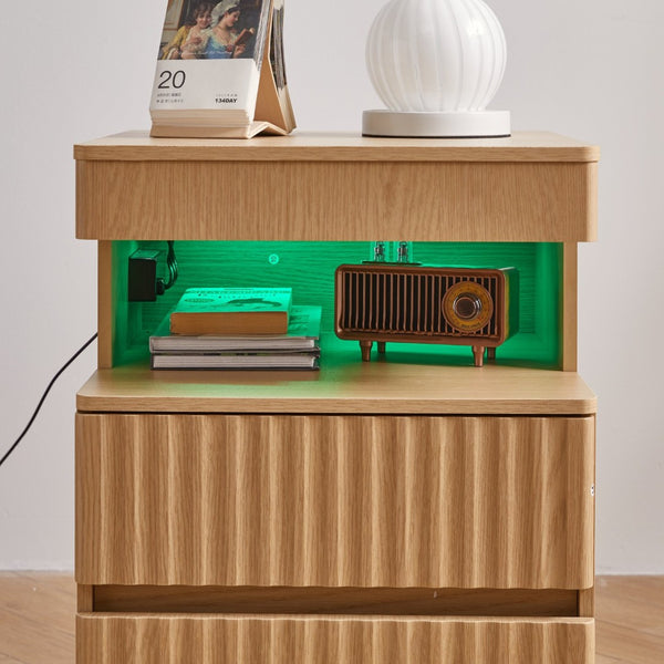 English Elm Modern Oak Nightstand with Charging Station Hidden Compartment and Open Storage Shelf W5368P460458