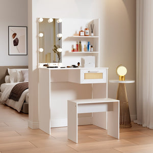 English Elm Vanity Desk Set Stool & Dressing Table With Led Lighting Mirror Drawer and Compartments Modern Wood Cosmetic Table Chest Of Drawers White Color