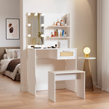 Vanity Desk Set with LED Lighting Mirror, Drawer & Compartments, Modern Wood Cosmetic Table, White