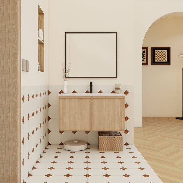 English Elm 36" Floating Bathroom Vanity Light Oak Modular Cabinet with Gel Coat Integrated Sink Glossy White,Light Oak W3450S00067