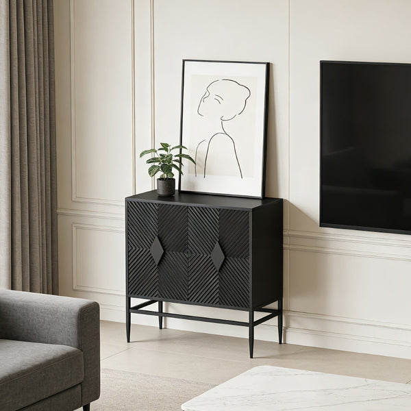 English Elm 31.50" Fluted Two Door Black Cabinet with Metal Legs for Entryway or Living Room W1435P206312