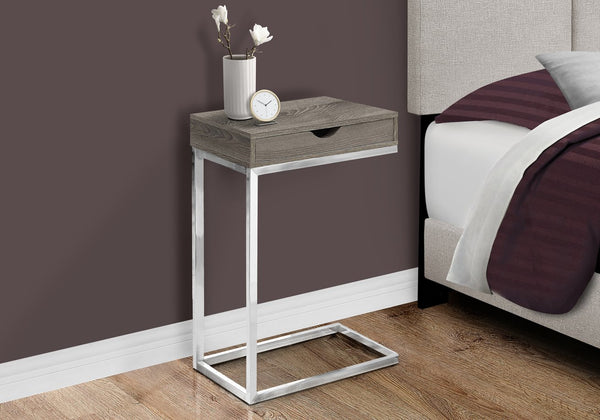 English Elm Accent C-Table Taupe with Chrome Base, Snack & Storage Drawer, Modern Living Room Accent Piece B2710P219237