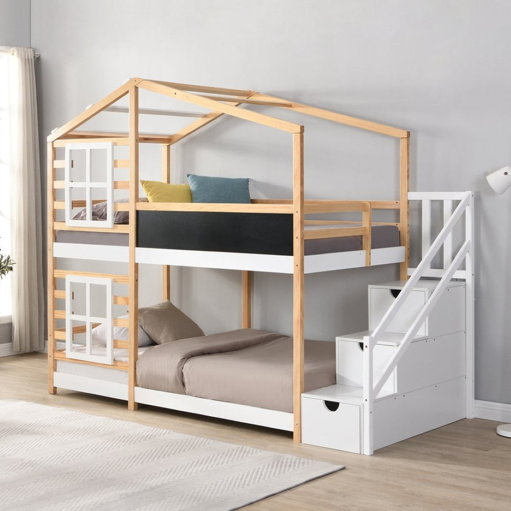 English Elm Twin Over Solid Pine House Bunk Bed with Blackboard Storage Staircase W495S00012