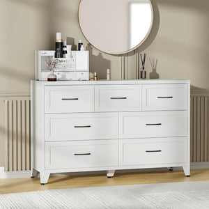 English Elm 7-drawer Steel Dresser Wide Low Profile White Cabinet for Bedroom or Entryway T2398P498867