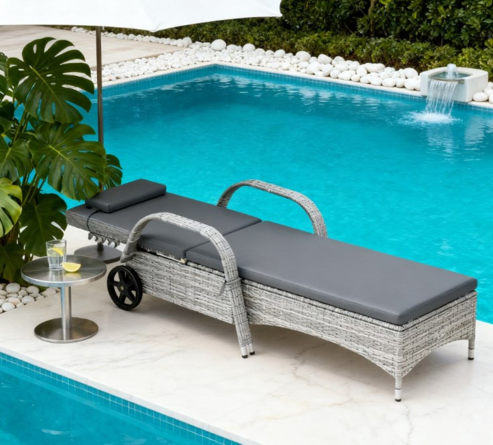 English Elm Adjustable Pe Rattan Outdoor Chaise Lounge with Wheels Cushion and Resort Style T3971P418405