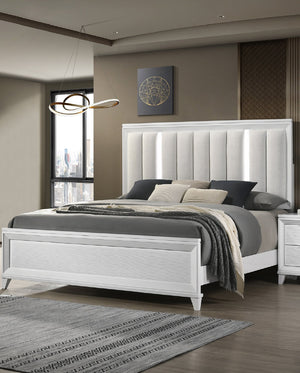 English Elm 1pc Elegant Queen Panel Bed Upholstered Headboard with Solid Wood Legs, Modern Luxe Bedroom Centerpiece White 67 L x 48 W x 8.81 H B011S01222