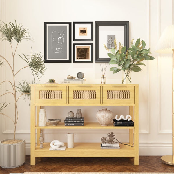 English Elm 43.3" Farmhouse Console Table Rattan Drawer Fronts Open Shelving Entryway Storage Natural Wood T3210P426416