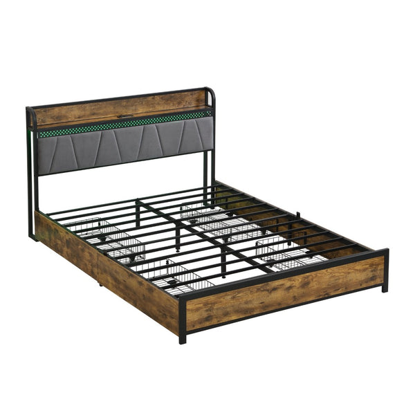 English Elm Full Platform Storage Bed with Led Lighting Charging Station and Four Underbed Drawers W2297P218120