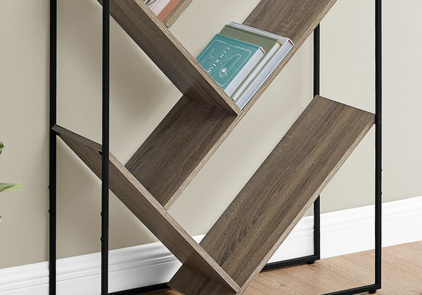 English Elm Bookshelf, 5-Tier Slanted Etagere with V-Shaped Open Shelves, Slim Black Metal Frame, 60" H taupe 39 L x 13 W x 7 H B2710P218981