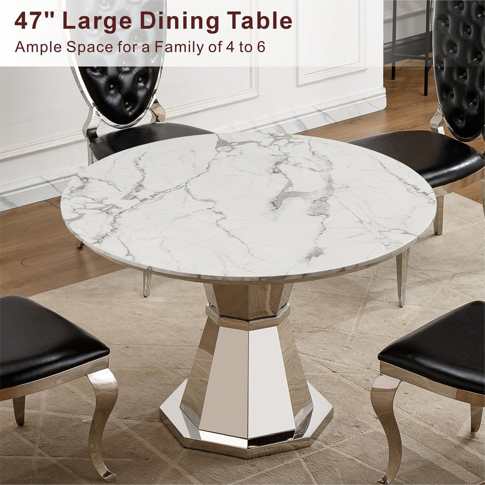 English Elm 47" Round Marble Dining Table - Elegant High Gloss Faux Marble Top With Sturdy Stainless Steel Base W3456S00030