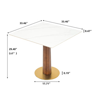 English Elm Modern Square Dining Table - 33.5" Sintered Stone With Stylish Wooden Legs & Gold Base, 2-Person Space-Saver W1535S00601