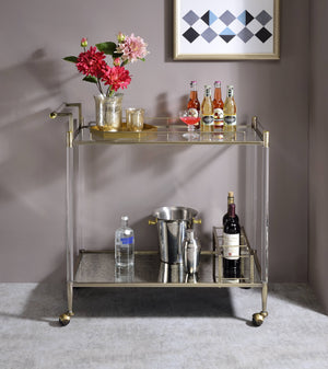 English Elm Cirro Antique Brass & Mirror Serving Cart with Tempered Glass Shelves, Wine Holder, Casters Elegance B2726P255331