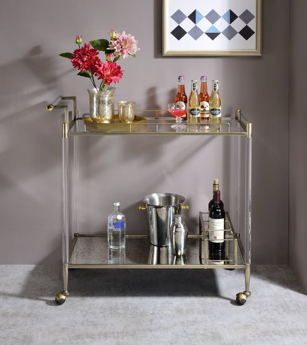 English Elm Cirro Antique Brass & Mirror Serving Cart with Tempered Glass Shelves, Wine Holder, Casters Elegance B2726P255331