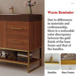 English Elm 36" Freestanding Bathroom Vanity Sintered Stone Top Integrated Basin Gold Hardware W3136S00058