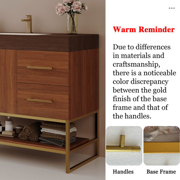 English Elm 36" Freestanding Bathroom Vanity Sintered Stone Top Integrated Basin Gold Hardware W3136S00058