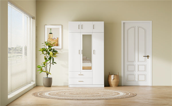 English Elm 3-door Mirrored Wardrobe with Full Length Dressing Mirror Drawers and Top Cabinet White LP006005AAK