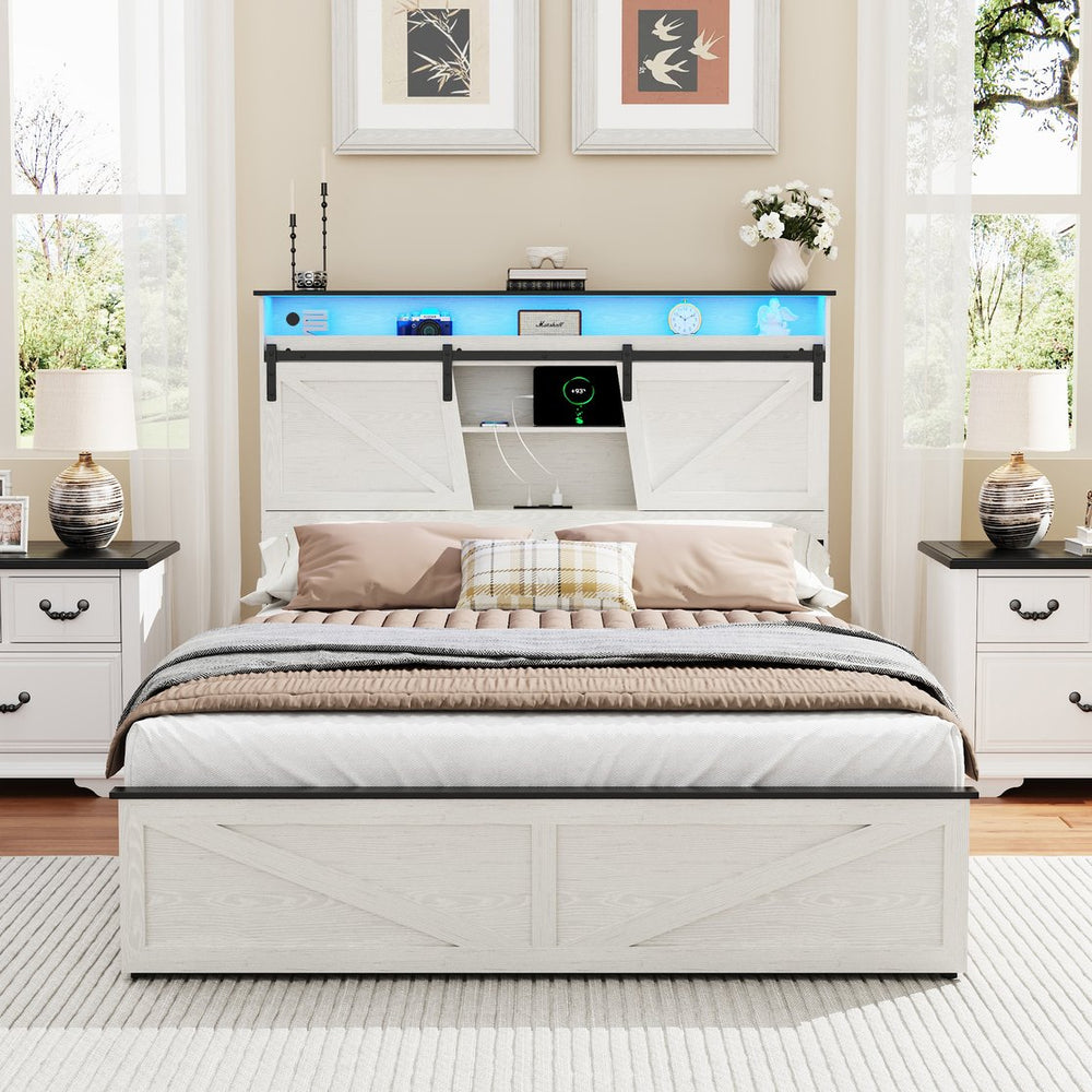 English Elm Farmhouse Queen Size Bed Frame With Storage, Charging Station, Led Lights & Underbed Drawers, White W1550P343686