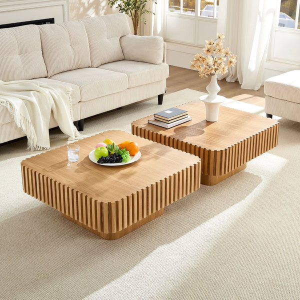 English Elm 2-piece Nesting Round Coffee Table Set Wood Veneer Sculptural Living Room Accent Natural W2582S00183