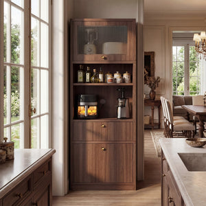 English Elm Tall Freestanding Pantry Cabinet with Adjustable Shelves Drawer and Doors for Kitchen Walnut B2764P483841