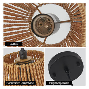 English Elm 7" Rustic Hemp Rope Pendant Light Set of 3 - Handcrafted Farmhouse Ceiling Lamps, Adjustable Height, Natural Woven Iron Fixture for Kitchen Island, Dining Room, Living Room W2312P368682