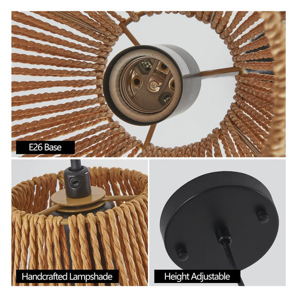 English Elm 7" Rustic Hemp Rope Pendant Light Set of 3 - Handcrafted Farmhouse Ceiling Lamps, Adjustable Height, Natural Woven Iron Fixture for Kitchen Island, Dining Room, Living Room W2312P368682