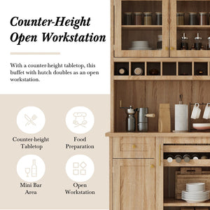 English Elm Topmax Farmhouse Buffet Hutch with Wine Rack Shaker Glass Pantry Cabinet N717P327043N