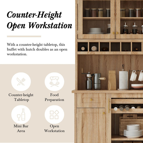 English Elm Topmax Farmhouse Buffet Hutch with Wine Rack Shaker Glass Pantry Cabinet N717P327043N