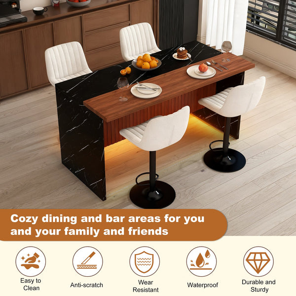 English Elm 63" Modern Kitchen Island Set With 4 Beige Bar Stools - Elegant Black Marble, Led Light & Grille Design W2699S00075