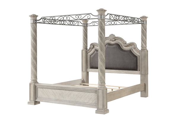 English Elm Gray Upholstered Canopy King Bed Carved Posts Nailhead Trim Grand Bedroom B2699S00119
