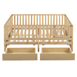 English Elm Full Size Pinewood Kids Daybed with Fence Rails Split Floor Bed and Storage Drawers Natural LP100882AAN