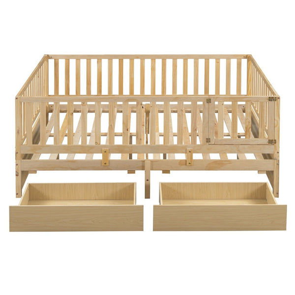 English Elm Full Size Pinewood Kids Daybed with Fence Rails Split Floor Bed and Storage Drawers Natural LP100882AAN