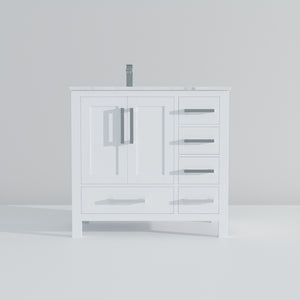 English Elm White 36 in Bath Vanity with Left Carrara Marble Top, Soft-Close Drawers, Chrome Faucet Set B2731P259017