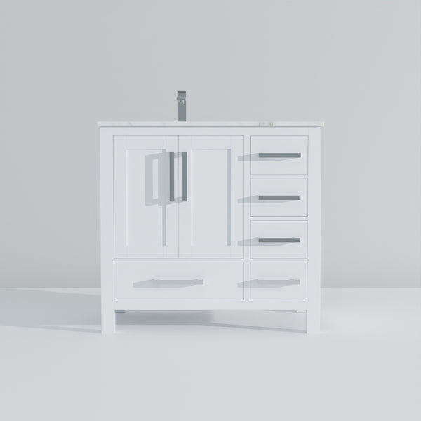 English Elm White 36 in Bath Vanity with Left Carrara Marble Top, Soft-Close Drawers, Chrome Faucet Set B2731P259017